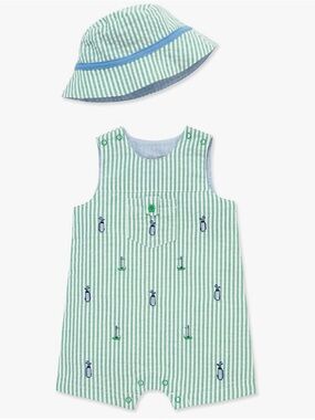 Little Me Green and Blue Striped Romper with Matching Bucket Hat